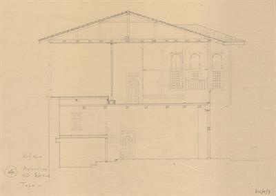 Κοζάνη, οικία Βούρκα. Αρχιτεκτονικό σχέδιο, προσχέδιο τομής, του Γιώργου Γιαννουλέλλη για τον Σύλλογο Ελληνική Λαϊκή Τέχνη, 1936