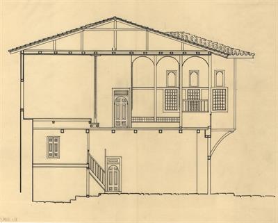 Κοζάνη, οικία Βούρκα. Αρχιτεκτονικό σχέδιο, τομή, του Γιώργου Γιαννουλέλλη για τον Σύλλογο Ελληνική Λαϊκή Τέχνη, 1936
