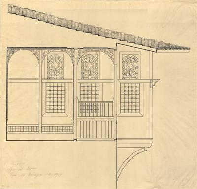 Κοζάνη, οικία Βούρκα. Αρχιτεκτονικό σχέδιο, τομή στο ξεπέταγμα, της Πασχαλίδου - Μωρέτη Αλεξάνδρας για τον Σύλλογο Ελληνική Λαϊκή Τέχνη, 1936
