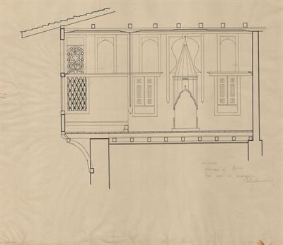 Κοζάνη, οικία Βούρκα. Αρχιτεκτονικό σχέδιο, τομή στο απέταγμα, της Πασχαλίδου - Μωρέτη Αλεξάνδρας για τον Σύλλογο Ελληνική Λαϊκή Τέχνη, 1936