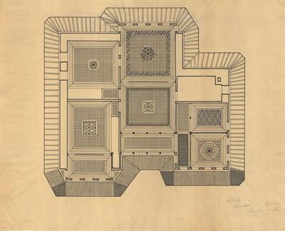 Κοζάνη, οικία Βούρκα. Αρχιτεκτονικό σχέδιο, άνοψη, της Πασχαλίδου - Μωρέτη Αλεξάνδρας για τον Σύλλογο Ελληνική Λαϊκή Τέχνη, 1936
