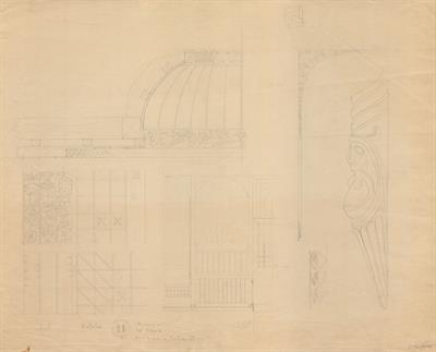 Κοζάνη, οικία Βούρκα. Αρχιτεκτονικό σχέδιο, τομή ταβανιού και διάφορες λεπτομέρειες, προσχέδιο, της Πασχαλίδου - Μωρέτη Αλεξάνδρας για τον Σύλλογο Ελληνική Λαϊκή Τέχνη, 1936