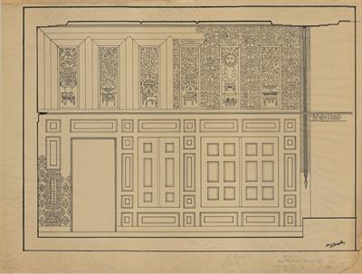 Κοζάνη, οικία Βούρκα. Αρχιτεκτονικό σχέδιο, όψη μεσάντρας - αναπαραγωγή, του Δημήτρη Μωρέτη για τον Σύλλογο Ελληνική Λαϊκή Τέχνη, 1936