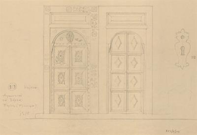 Κοζάνη, οικία Βούρκα. Αρχιτεκτονικό σχέδιο, πόρτες πρόσοψης και κλειδαριά - όψη, προσχέδιο, του Γιώργου Γιαννουλέλλη για τον Σύλλογο Ελληνική Λαϊκή Τέχνη, 1936