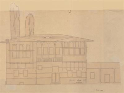 Κοζάνη, οικία Βούρκα. Μακέτα, πρόσοψη - σκαρίφημα, της Ζαγορησίου Μαρίας (;) για τον Σύλλογο Ελληνική Λαϊκή Τέχνη