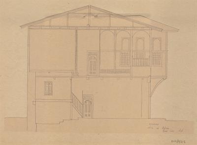 Κοζάνη, οικία Βούρκα. Μακέτα, τομή - σκαρίφημα, της Ζαγορησίου Μαρίας (;) για τον Σύλλογο Ελληνική Λαϊκή Τέχνη