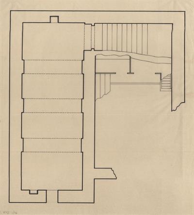 Κοζάνη, οικία Βούρκα. Αρχιτεκτονικό σχέδιο, κάτοψη υπογείου, του Δημήτρη Μωρέτη για τον Σύλλογο Ελληνική Λαϊκή Τέχνη, 1936