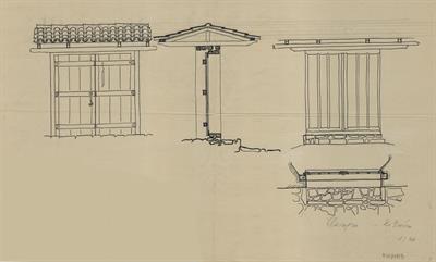 Κοζάνη, αταύτιστη οικία. Εξώπορτα. Αρχιτεκτονικό σχέδιο, εσωτερική και εξωτερική όψη, κάτοψη, τομή, του Γιώργου Γιαννουλέλλη για τον Σύλλογο Ελληνική Λαϊκή Τέχνη, 1936