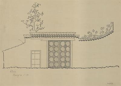 Κοζάνη, αταύτιστη οικία. Εξώπορτα. Αρχιτεκτονικό σχέδιο, εξωτερική όψη, για τον Σύλλογο Ελληνική Λαϊκή Τέχνη, 1936