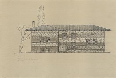 Κοζάνη, οικία Κατσικά - Βούρκα. Αρχιτεκτονικό σχέδιο, πρόσοψη, της Πασχαλίδου - Μωρέτη Αλεξάνδρας για τον Σύλλογο Ελληνική Λαϊκή Τέχνη, 1936