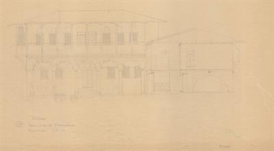 Κοζάνη, αρχοντικό Σακελλάριων (Διάφα - Πασχαλίδη - Παπαγιάννη). Αρχιτεκτονικό σχέδιο, προσχέδιο πρόσοψης, για τον Σύλλογο Ελληνική Λαϊκή Τέχνη, 1936