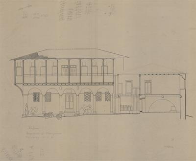 Κοζάνη, αρχοντικό Σακελλάριων (Διάφα - Πασχαλίδη - Παπαγιάννη). Αρχιτεκτονικό σχέδιο, πρόσοψη, του Δημήτρη Μωρέτη για τον Σύλλογο Ελληνική Λαϊκή Τέχνη, 1936