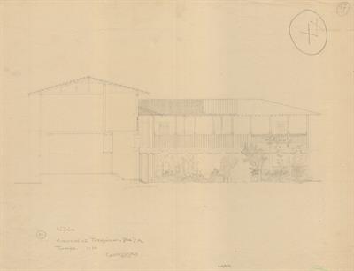 Κοζάνη, αρχοντικό Σακελλάριων (Διάφα - Πασχαλίδη - Παπαγιάννη). Αρχιτεκτονικό σχέδιο, πρόσοψη Β&#039;, προσχέδιο, του Γιώργου Γιαννουλέλλη για τον Σύλλογο Ελληνική Λαϊκή Τέχνη, 1936