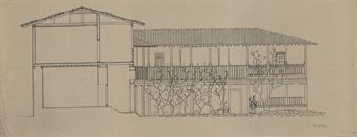 Κοζάνη,αρχοντικό Σακελλάριων (Διάφα - Πασχαλίδη - Παπαγιάννη). Αρχιτεκτονικό σχέδιο, πρόσοψη Β&#039;, του Γιώργου Γιαννουλέλλη για τον Σύλλογο Ελληνική Λαϊκή Τέχνη, 1936