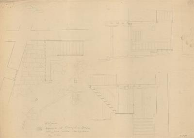 Κοζάνη, αρχοντικό Σακελλάριων (Διάφα - Πασχαλίδη - Παπαγιάννη). Αρχιτεκτονικό σχέδιο, λεπτομέρεια ανόδου στον ηλιακό - κάτοψη και όψεις, προσχέδιο, της Πασχαλίδου - Μωρέτη Αλεξάνδρας για τον Σύλλογο Ελληνική Λαϊκή Τέχνη, 1936