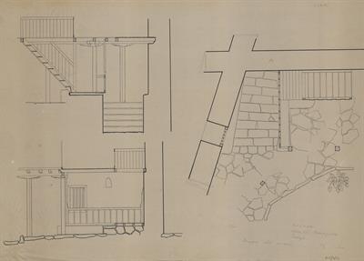 Κοζάνη, αρχοντικό Σακελλάριων (Διάφα - Πασχαλίδη - Παπαγιάννη). Αρχιτεκτονικό σχέδιο, λεπτομέρεια ανόδου στον ηλιακό - κάτοψη και όψεις, της Πασχαλίδου - Μωρέτη Αλεξάνδρας για τον Σύλλογο Ελληνική Λαϊκή Τέχνη, 1936