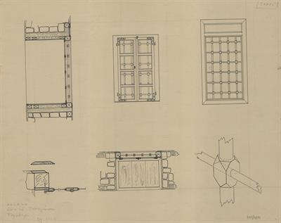 Κοζάνη, αρχοντικό Σακελλάριων (Διάφα - Πασχαλίδη - Παπαγιάννη). Παράθυρο. Αρχιτεκτονικό σχέδιο, εσωτερική και εξωτερική όψη, κάτοψη, τομή, κ.α., της Πασχαλίδου - Μωρέτη Αλεξάνδρας για τον Σύλλογο Ελληνική Λαϊκή Τέχνη, 1936