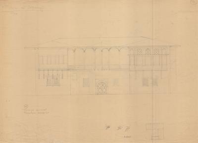 Κοζάνη, αρχοντικό Γκοβεντάρου ή Καραμίχου. Αρχιτεκτονικό σχέδιο, πρόσοψη, προσχέδιο, της Πασχαλίδου - Μωρέτη Αλεξάνδρας ή του Δημήτρη Μωρέτη για τον Σύλλογο Ελληνική Λαϊκή Τέχνη, 1936