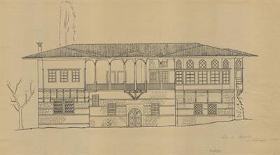 Κοζάνη, αρχοντικό Γκοβεντάρου ή Καραμίχου. Αρχιτεκτονικό σχέδιο, πρόσοψη, της Πασχαλίδου - Μωρέτη Αλεξάνδρας ή του Δημήτρη Μωρέτη για τον Σύλλογο Ελληνική Λαϊκή Τέχνη, 1936