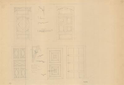 Κοζάνη, αρχοντικό Γκοβεντάρου ή Καραμίχου. Αρχιτεκτονικό σχέδιο, δύο πόρτες και λεπτομέρειες, προσχέδιο, για τον Σύλλογο Ελληνική Λαϊκή Τέχνη, 1936