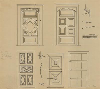 Κοζάνη, αρχοντικό Γκοβεντάρου ή Καραμίχου. Αρχιτεκτονικό σχέδιο, δύο πόρτες και λεπτομέρειες, για τον Σύλλογο Ελληνική Λαϊκή Τέχνη, 1936