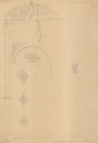Κοζάνη, αρχοντικό Τακιατζή. Αρχιτεκτονικό σχέδιο, προσχέδιο πόρτας, του Δημήτρη Μωρέτη για τον Σύλλογο Ελληνική Λαϊκή Τέχνη, 1936