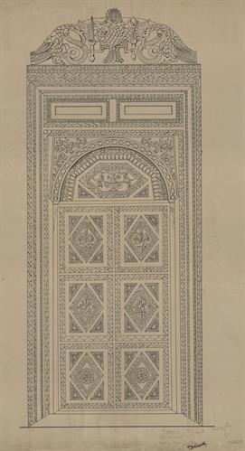 Κοζάνη, αρχοντικό Γκοβεντάρου ή Καραμίχου. Αρχιτεκτονικό σχέδιο, πόρτα, του Δημήτρη Μωρέτη για τον Σύλλογο Ελληνική Λαϊκή Τέχνη, 1936