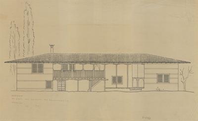 Κοζάνη, οικία Χρήστου του Ζαχαροπλάστη/Παπαλουκά. Αρχιτεκτονικό σχέδιο, πρόσοψη, για τον Σύλλογο Ελληνική Λαϊκή Τέχνη, 1936