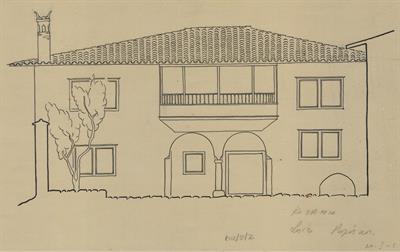 Κοζάνη, οικία Ρώμπαπα. Αρχιτεκτονικό σχέδιο, πρόσοψη, της Πασχαλίδου - Μωρέτη Αλεξάνδρας ή του Δημήτρη Μωρέτη για τον Σύλλογο Ελληνική Λαϊκή Τέχνη, 1936