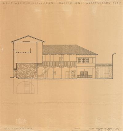 Κοζάνη, οικία Αρμενούλη. Αρχιτεκτονικό σχέδιο, δυτική όψη, αναπαραγωγή, του Jenny M. για τον Σύλλογο Ελληνική Λαϊκή Τέχνη, 1935