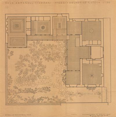 Κοζάνη, οικία Αρμενούλη. Αρχιτεκτονικό σχέδιο, κάτοψη κτηρίου με προβολή ταβανιών, αναπαραγωγή, του Jenny M. για τον Σύλλογο Ελληνική Λαϊκή Τέχνη, 1935