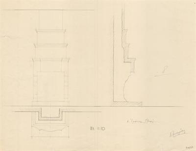 Κολινδρός Πιερίας, οικία Γλυκού. Αρχιτεκτονικό σχέδιο, τζάκι, προσχέδιο (όψη - κάτοψη - τομή), του Μοναστηριώτη Ν. για τον Σύλλογο Ελληνική Λαϊκή Τέχνη, 1938