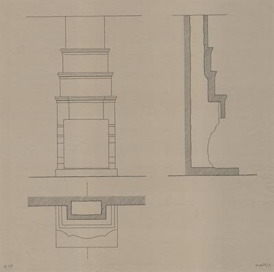 Κολινδρός Πιερίας, οικία Γλυκού. Αρχιτεκτονικό σχέδιο, τζάκι, (όψη - κάτοψη - τομή), του Μοναστηριώτη Ν. για τον Σύλλογο Ελληνική Λαϊκή Τέχνη, 1938
