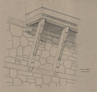 Κολινδρός Πιερίας. Αρχιτεκτονικό σχέδιο, προοπτικό, ταμπάνι (δοκός αντιστήριξης), του Μοναστηριώτη Ν. για τον Σύλλογο Ελληνική Λαϊκή Τέχνη, 1938