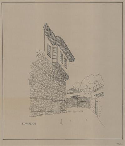 Κόλινδρος Πιερίας. Αρχιτεκτονικό σχέδιο, προοπτικό, του Αργυρόπουλου Γ. για τον Σύλλογο Ελληνική Λαϊκή Τέχνη, 1938