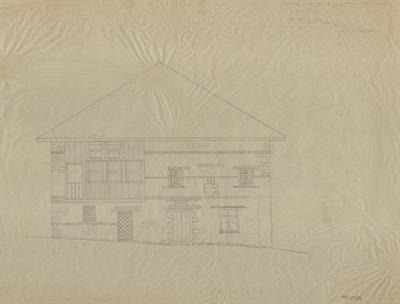 Μέτσοβο Ιωαννίνων, οικία Αβέρωφ. Αρχιτεκτονικό σχέδιο, πρόσοψη προς την  αυλή, προσχέδιο, για τον Σύλλογο Ελληνική Λαϊκή Τέχνη, 1938