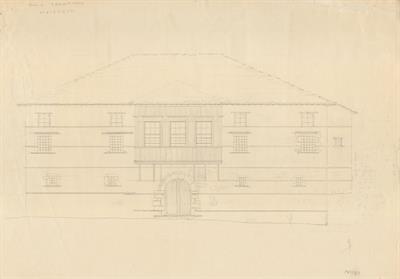 Μέτσοβο Ιωαννίνων, οικία Τζοάννου. Αρχιτεκτονικό σχέδιο, πρόσοψη, προσχέδιο, του Βαλάτα Γ. για τον Σύλλογο Ελληνική Λαϊκή Τέχνη, 1938