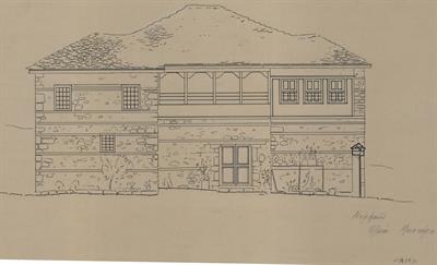 Νυμφαίο Φλώρινας, οικία Μπουτάρη. Αρχιτεκτονικό σχέδιο, πρόσοψη, για τον Σύλλογο Ελληνική Λαϊκή Τέχνη, 1937