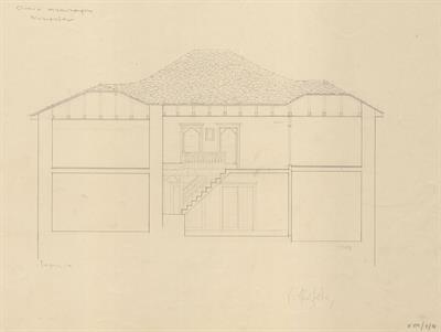 Νυμφαίο Φλώρινας, οικία Μπουτάρη. Αρχιτεκτονικό σχέδιο, επιμήκης τομή, προσχέδιο, του Βαλάτα Γ. για τον Σύλλογο Ελληνική Λαϊκή Τέχνη, 1937