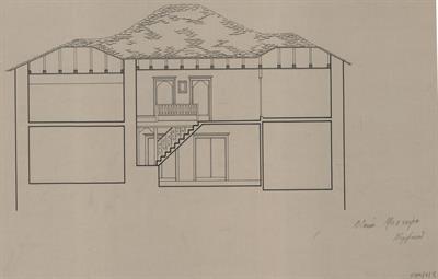 Νυμφαίο Φλώρινας, οικία Μπουτάρη. Αρχιτεκτονικό σχέδιο, επιμήκης τομή, του Βαλάτα Γ. για τον Σύλλογο Ελληνική Λαϊκή Τέχνη, 1937