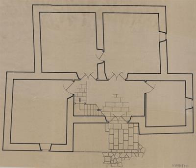 Νυμφαίο Φλώρινας, οικία Μπουτάρη. Αρχιτεκτονικό σχέδιο, κάτοψη ισογείου, του Σταυρίδη Θ. για τον Σύλλογο Ελληνική Λαϊκή Τέχνη, 1937