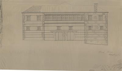 Νυμφαίο Φλώρινας, οικία Τσίτσιου. Αρχιτεκτονικό σχέδιο, πρόσοψη, του Περικλή Χατζόπουλου για τον Σύλλογο Ελληνική Λαϊκή Τέχνη, 1937
