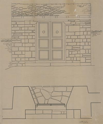 Νυμφαίο Φλώρινας, Εκκλησία. Αρχιτεκτονικό σχέδιο, πόρτα, όψη-κάτοψη, του Βαλάτα Γ. για τον Σύλλογο Ελληνική Λαϊκή Τέχνη, 1937