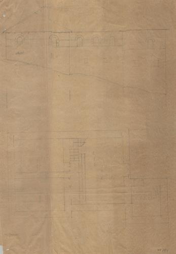 Περιβόλι Γρεβενών. Αρχιτεκτονικό σχέδιο, πλάγια όψη Α&#039; και κάτοψη κατωγίου, προσχέδιο, του Δημήτρη Μωρέτη για τον Σύλλογο Ελληνική Λαϊκή Τέχνη, 1937