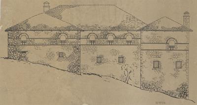 Περιβόλι Γρεβενών. Αρχιτεκτονικό σχέδιο, πλάγια όψη Α&#039;, του Δημήτρη Μωρέτη για τον Σύλλογο Ελληνική Λαϊκή Τέχνη, 1937