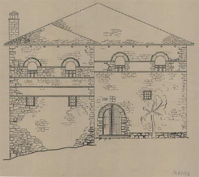 Περιβόλι Γρεβενών. Αρχιτεκτονικό σχέδιο, πλάγια όψη Β&#039;, του Δημήτρη Μωρέτη για τον Σύλλογο Ελληνική Λαϊκή Τέχνη, 1937