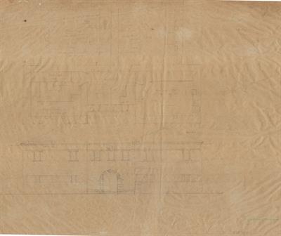 Πίνδος, σπίτι κυρ-Δαλαμπίρα. Αρχιτεκτονικό σχέδιο, πρόσοψη και κάτοψη ορόφου, προσχέδιο, του Δημήτρη Μωρέτη για τον Σύλλογο Ελληνική Λαϊκή Τέχνη, 1937 (;)