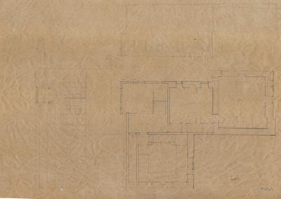 Πίνδος. Αρχιτεκτονικό σχέδιο, πρόσοψη και κάτοψη ορόφου, προσχέδιο, του Δημήτρη Μωρέτη για τον Σύλλογο Ελληνική Λαϊκή Τέχνη, 1937