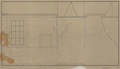 Πίνδος, οικία Στεργίου Παπανικόλα. Αρχιτεκτονικό σχέδιο, εσωτερική παρειά τοίχου με παράθυρο και τζάκι, όψη και τομή, του Δημήτρη Μωρέτη για τον Σύλλογο Ελληνική Λαϊκή Τέχνη, 1937