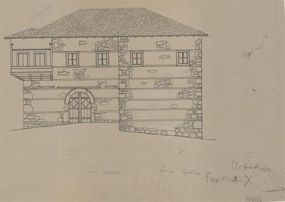 Πισοδέρι Φλώρινας, οικία Γαρδάνη. Αρχιτεκτονικό σχέδιο, πρόσοψη, του Περικλή Χατζόπουλου για τον Σύλλογο Ελληνική Λαϊκή Τέχνη, 1937